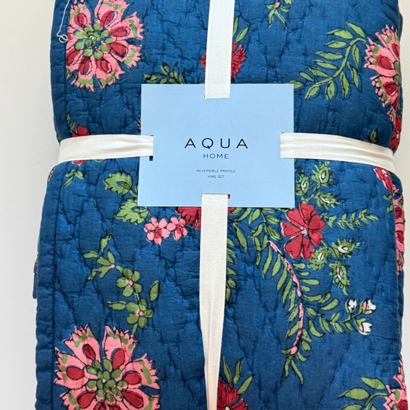 Aqua floral printed reversible king quilt set blue toille floral NEW - Picture 2 of 14